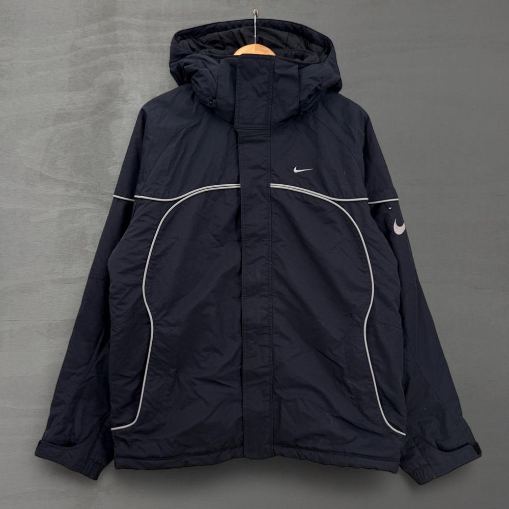 Vintage Nike Hooded Puffer Jacket Black Fleece Lined Reflective Piping Large